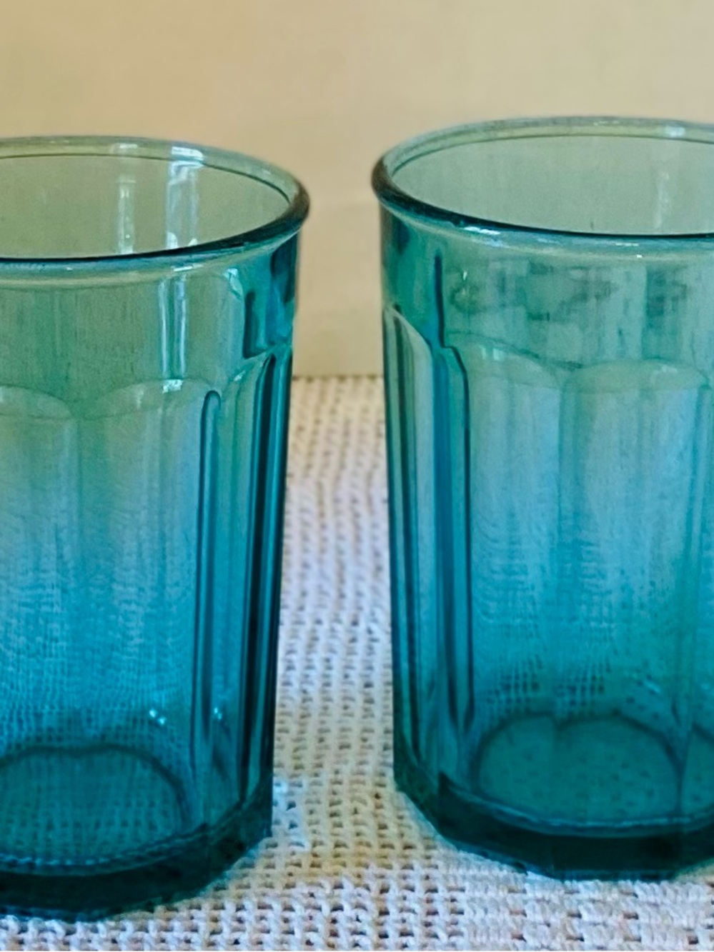 Large Luminare Teal Glass Tumblers Set Of 2 Made In France Ribbed Finish - NICE - Picture 4 of 9